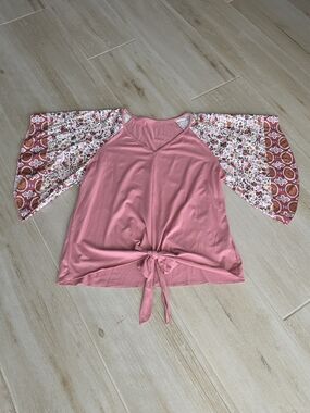 SHEIN Dusty Pink Tie-Front Top with Floral Bell Sleeves Size 0XL